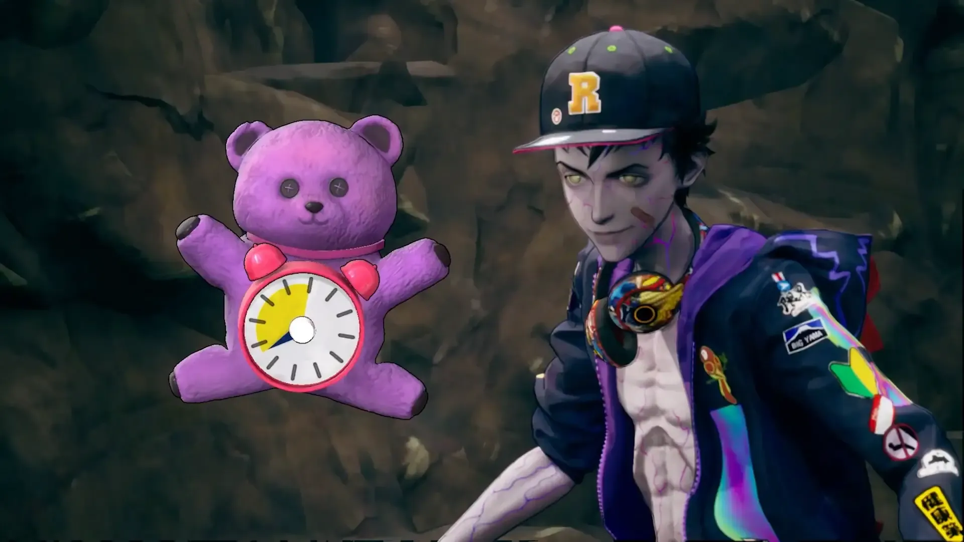 Davy in a patched hoodie beside a purple clockwork teddy in a rocky cave