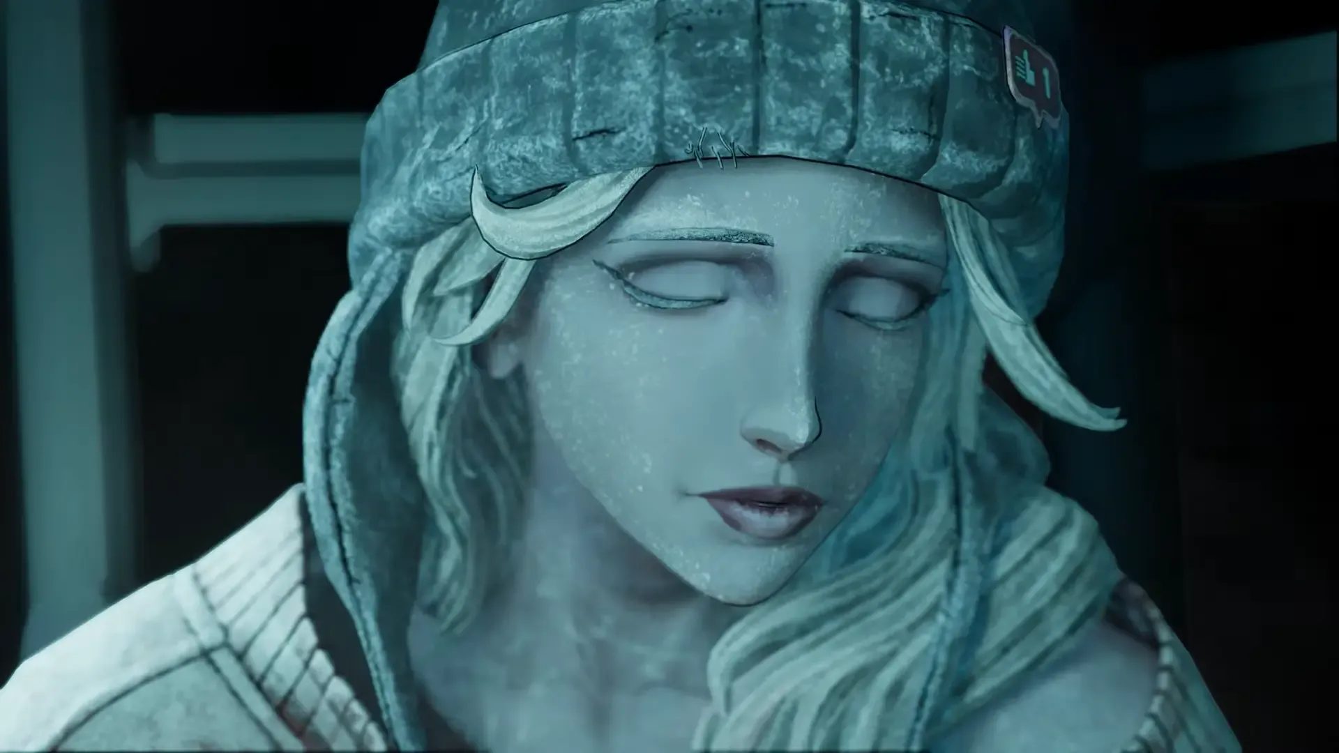 Close-up of a frozen woman wearing a fur-lined hat