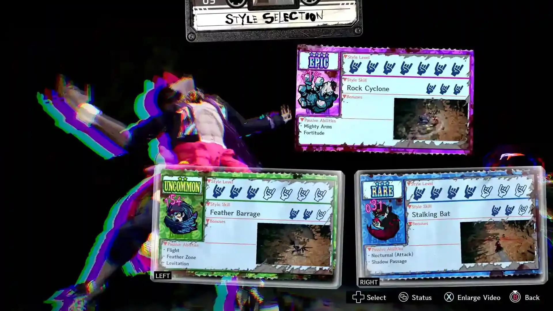 Style Selection cards showing Rock Cyclone, Feather Barrage and Stalking Bat