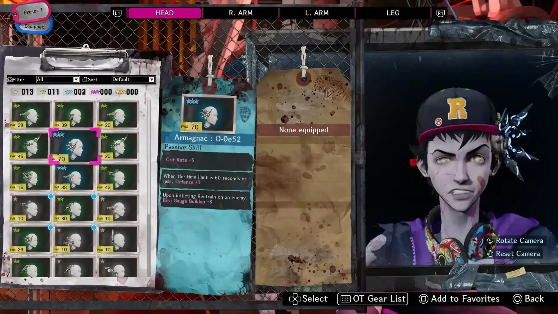 Body Hack head-gear menu with Davy and an equipped Overtech part