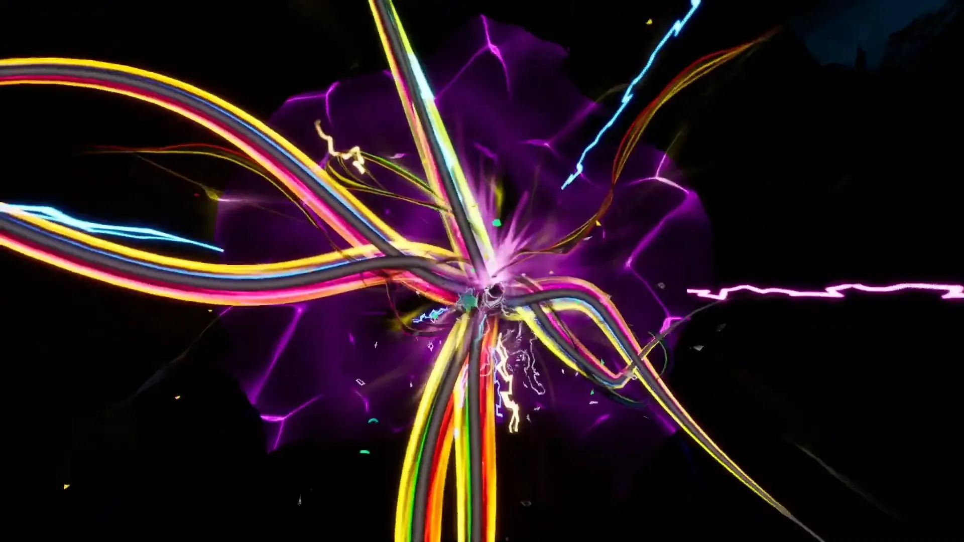 Multicolored energy lines surrounding a character in a dark combat effect